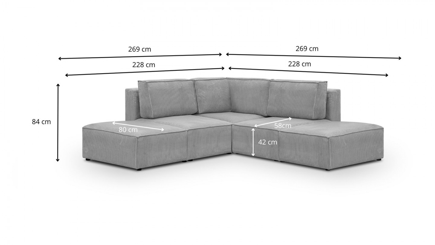 Canapé d'angle à droite modulable 4 places avec 2 poufs en velours côtelé gris clair - Harper Mod