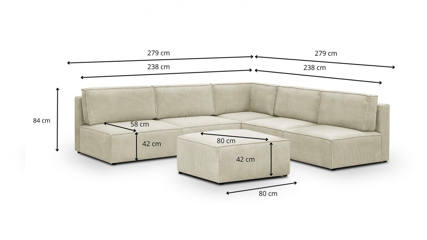 Canapé d'angle à droite modulable 8 places avec pouf en velours côtelé beige - Harper Mod