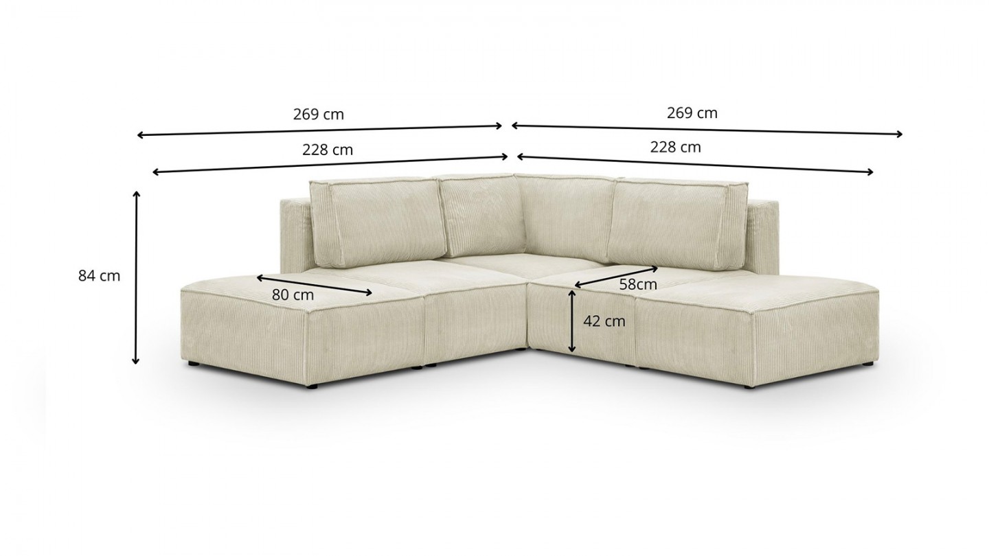 Canapé d'angle à droite modulable 4 places avec 2 poufs en velours côtelé beige - Harper Mod