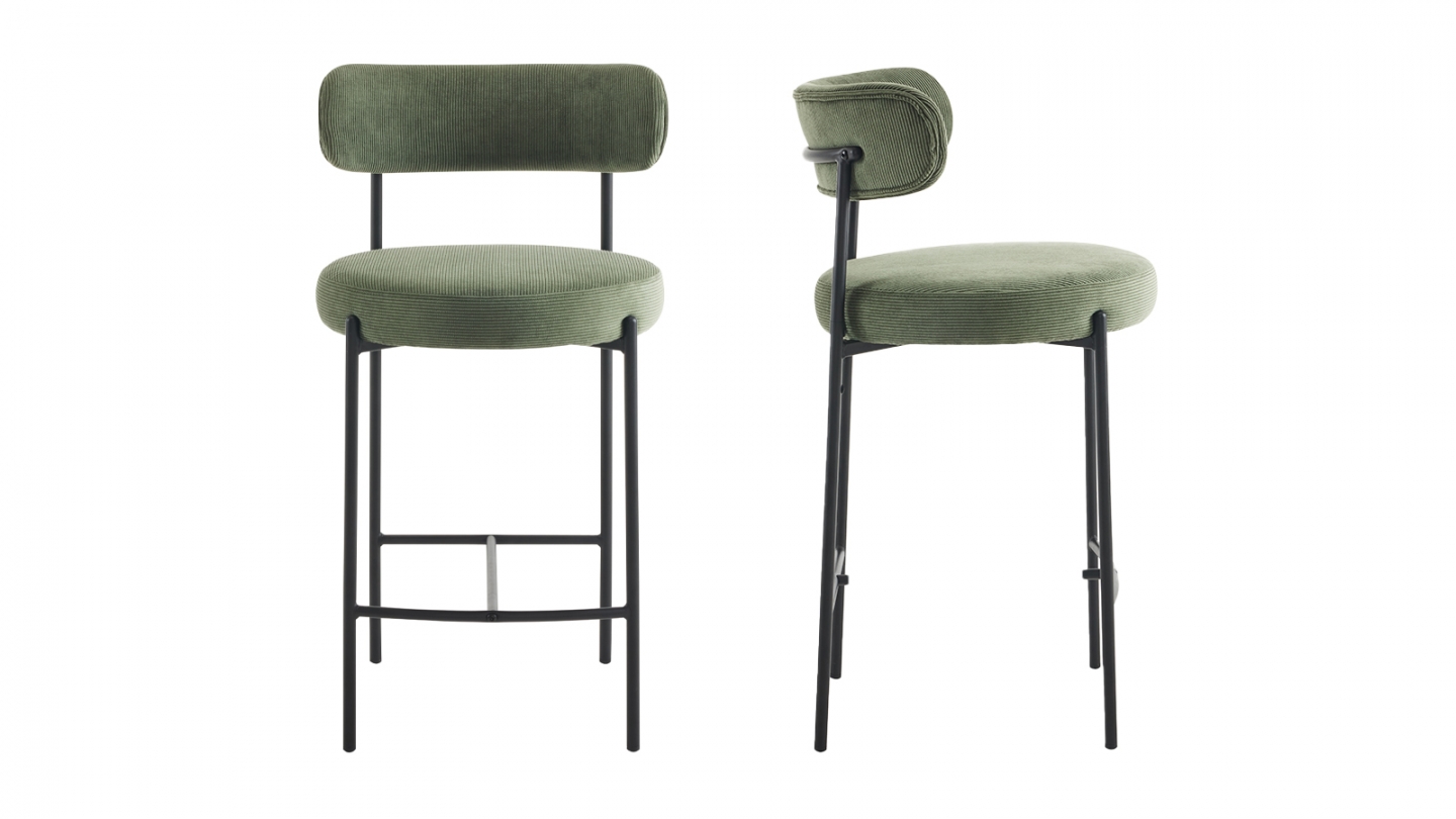 Lot de 2 tabourets de bar en velours côtelé vert - Evora