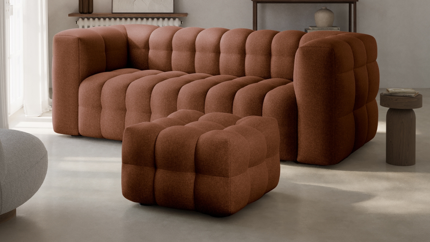 Ensemble Canapé capitonné 3 places + Pouf en tissu chenille terracotta - Cester