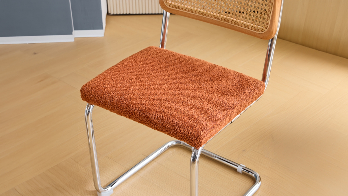 Lot de 2 chaises en cannage, tissu bouclé rouille et métal chromé - Muse