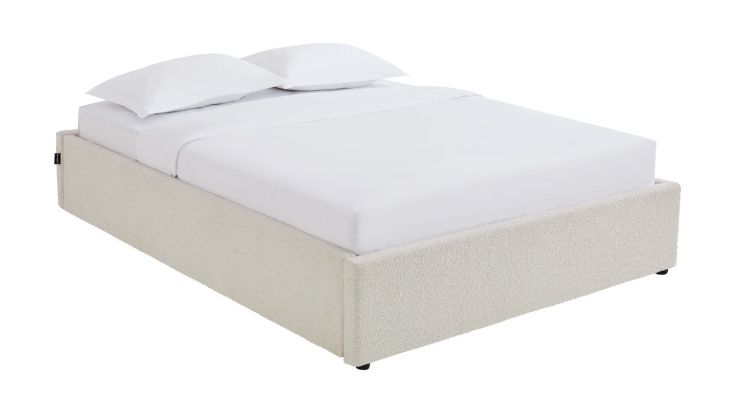 Lit coffre adulte 140x190 cm en tissu bouclé beige avec sommier - Handy