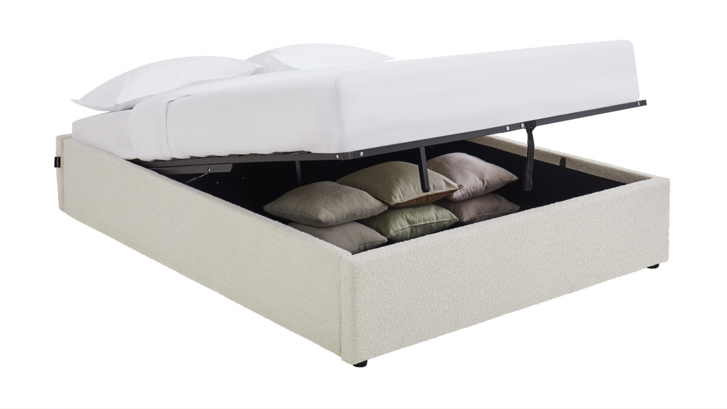 Lit coffre adulte 140x190 cm en tissu bouclé beige avec sommier - Handy