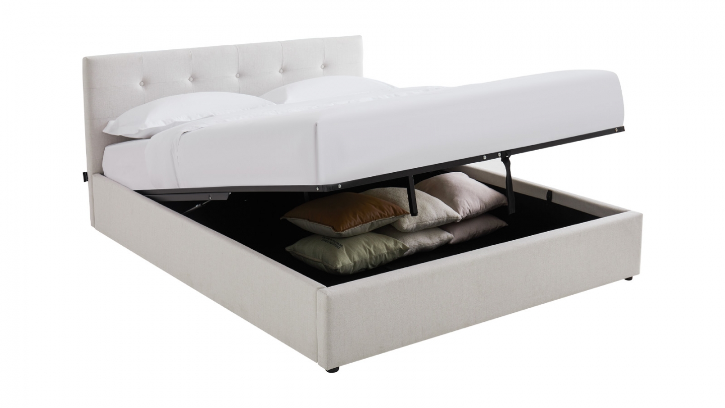 Lit coffre adulte 140x190 cm avec tête de lit matelassée en tissu beige et sommier - Tina