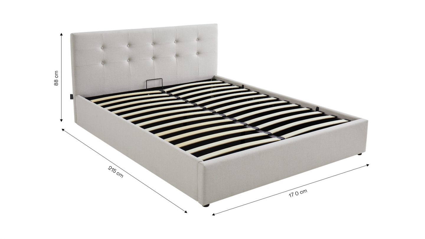 Lit coffre adulte 160x200 cm avec tête de lit matelassée en tissu beige et sommier - Tina