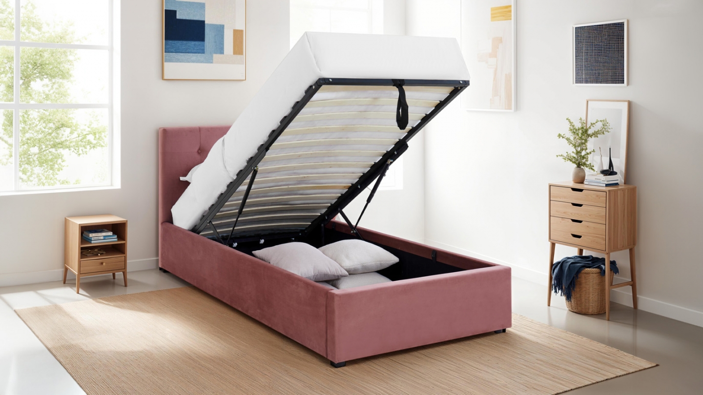 Lit coffre adulte 90x190 cm avec tête de lit capitonnée en velours rose et sommier - Tina