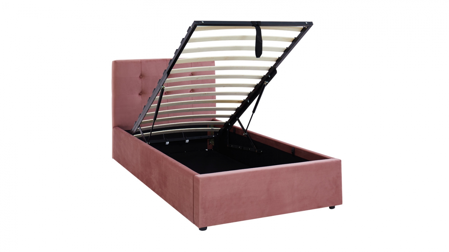 Lit coffre adulte 90x190 cm avec tête de lit capitonnée en velours rose et sommier - Tina