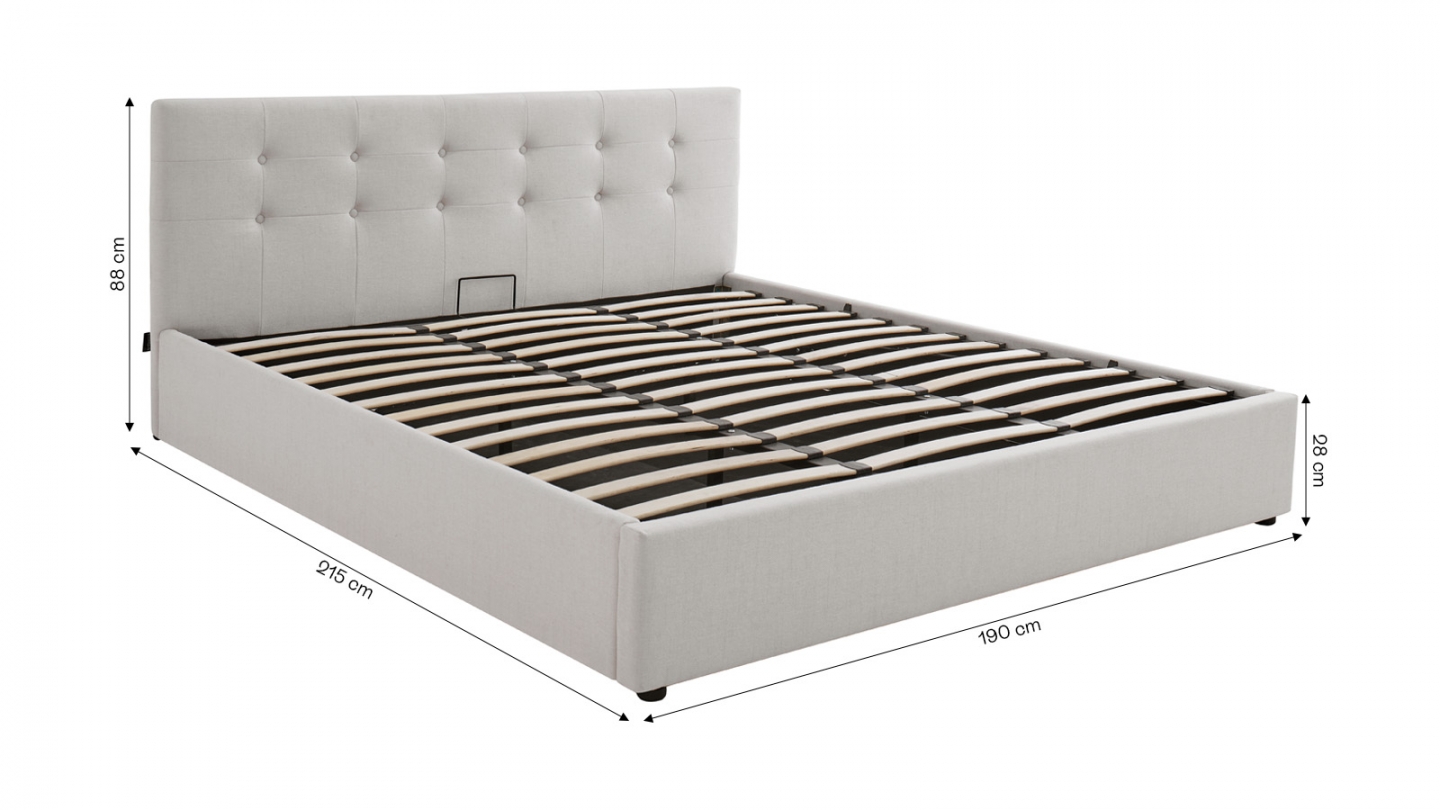 Lit coffre adulte 180x200 cm avec tête de lit capitonnée en tissu beige et sommier - Tina