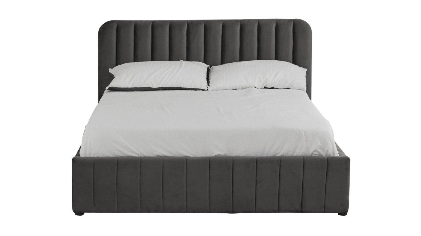 Lit coffre adulte 140x190 cm avec tête de lit capitonnée en velours gris - Ava