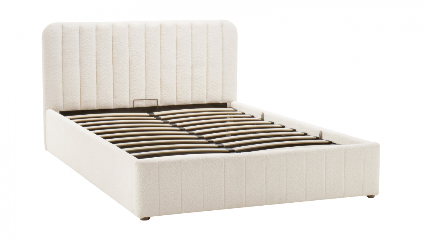 Lit coffre adulte 160x200 cm avec tête de lit capitonnée en tissu bouclé beige - Ava