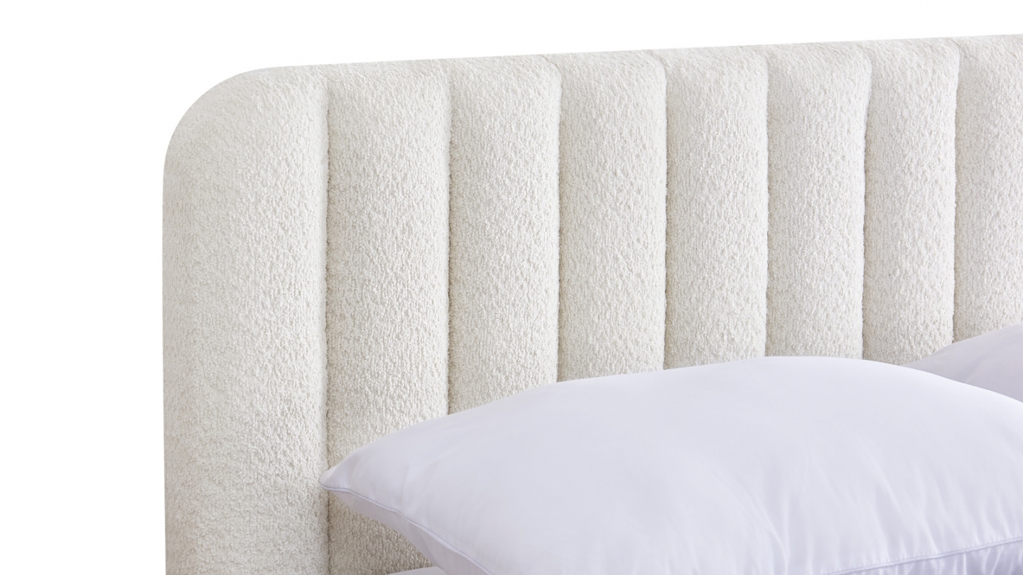 Lit coffre adulte 160x200 cm avec tête de lit capitonnée en tissu bouclé beige - Ava