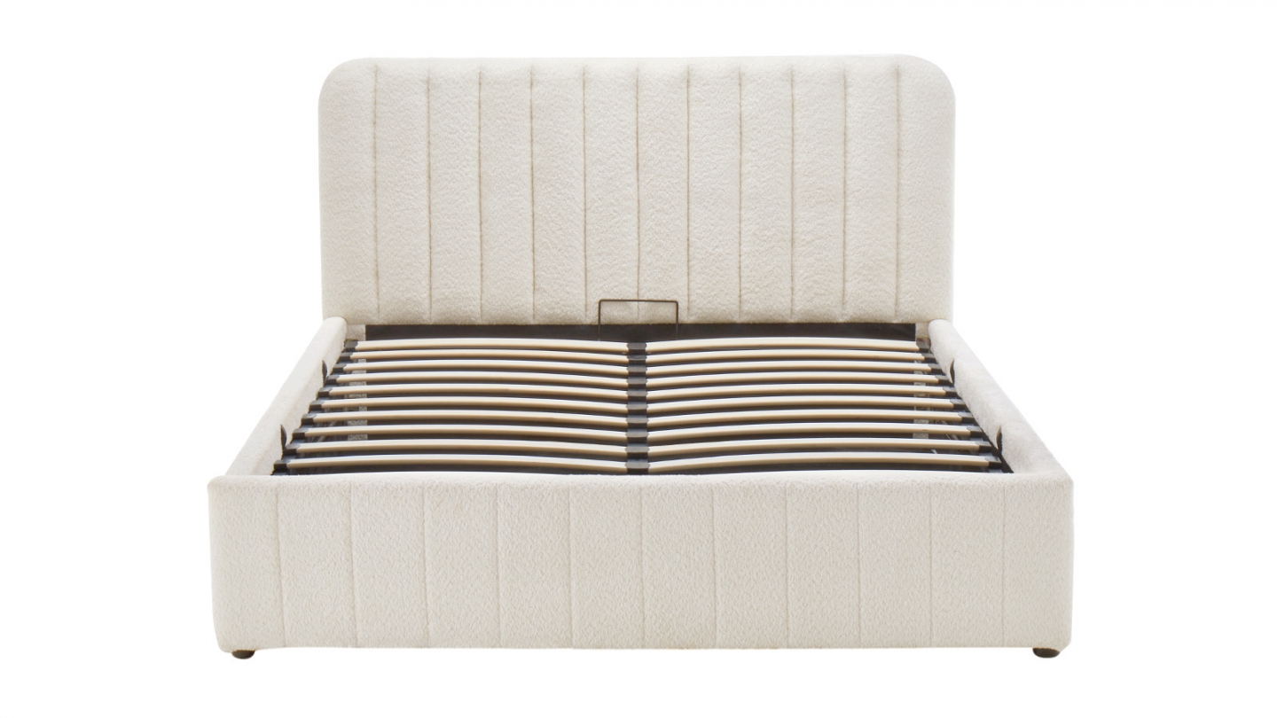 Lit coffre adulte 160x200 cm avec tête de lit capitonnée en tissu bouclé beige - Ava