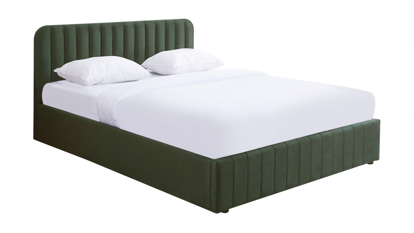 Lit coffre adulte 160x200 cm avec tête de lit capitonnée en velours vert kaki - Ava