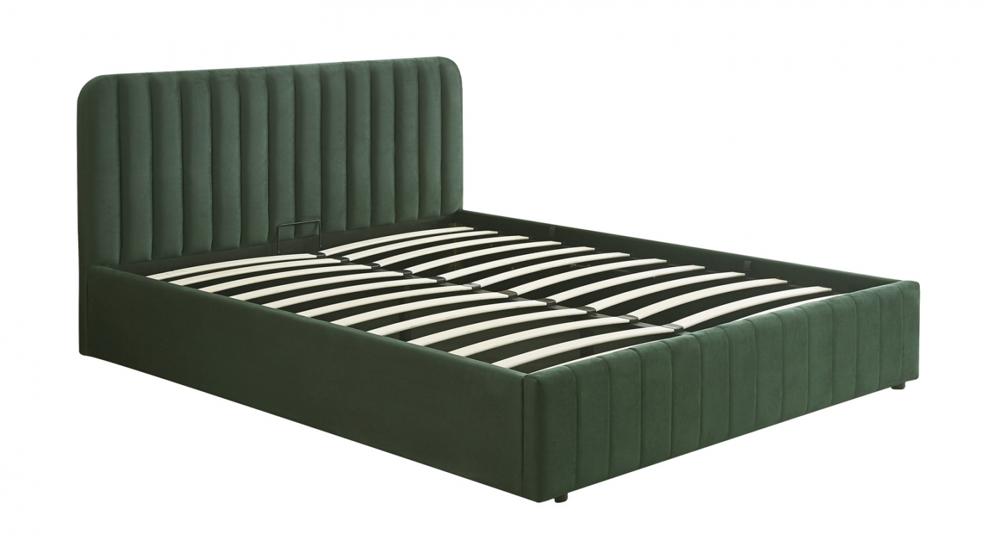 Lit coffre adulte 160x200 cm avec tête de lit capitonnée en velours vert kaki - Ava