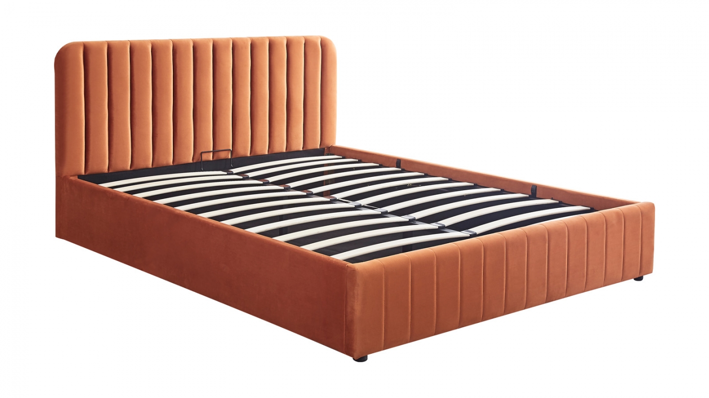 Lit coffre adulte 160x200 cm avec tête de lit capitonnée en velours terracotta - Ava