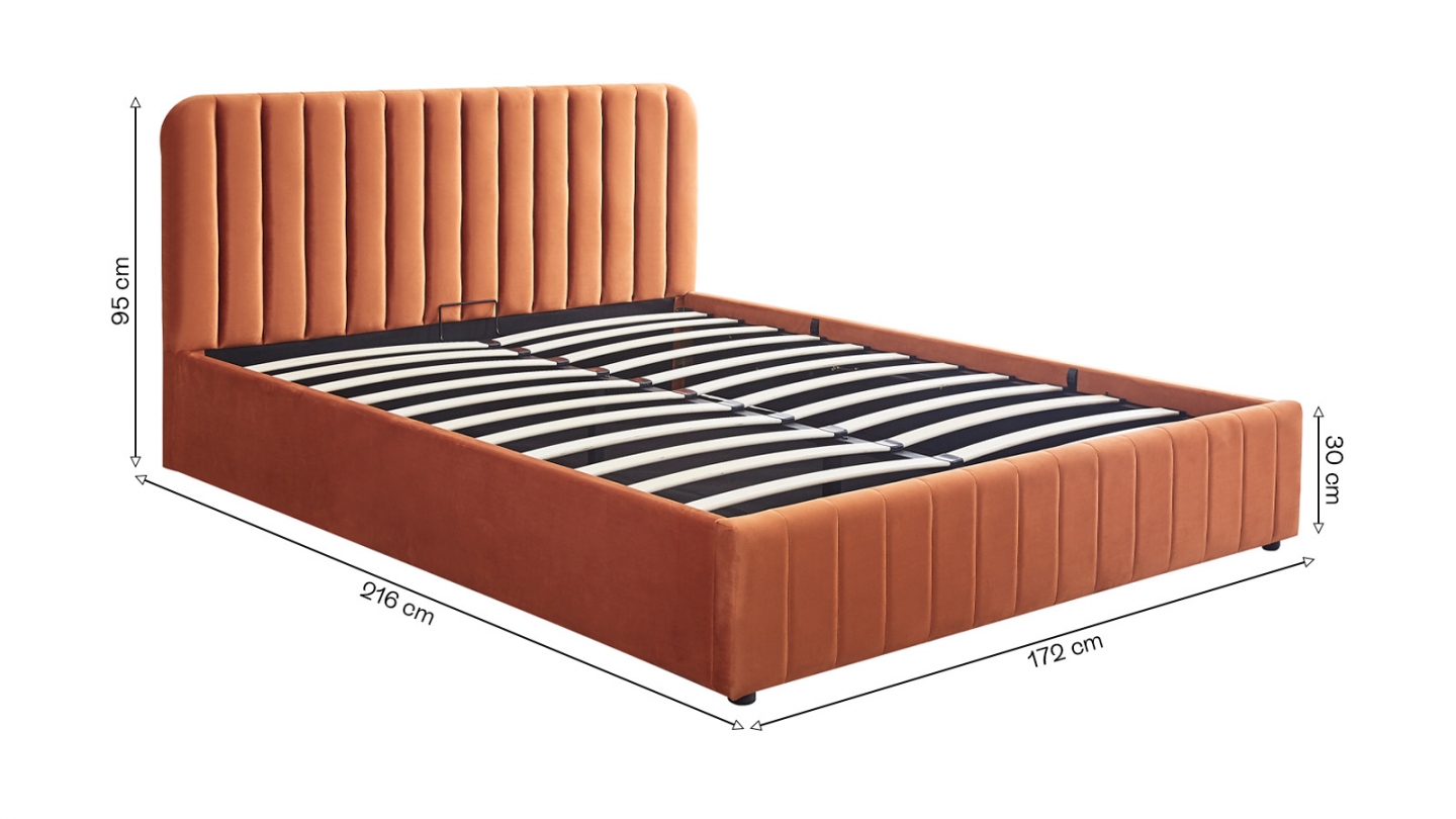 Lit coffre adulte 160x200 cm avec tête de lit capitonnée en velours terracotta - Ava