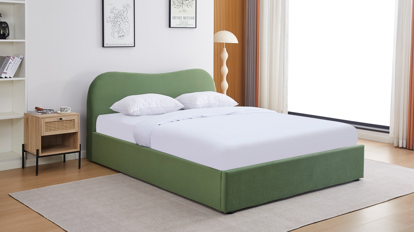 Lit coffre adulte 160x200 cm avec tête le lit matelassée en velours vert clair - Suzon