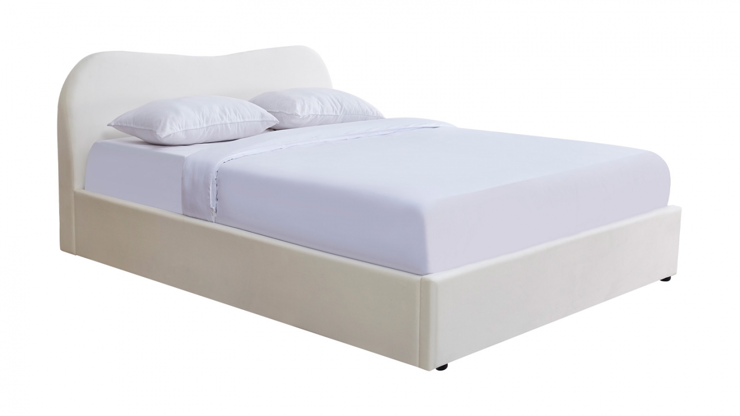 Lit adulte 140x190 cm avec tête le lit matelassée en velours beige - Ninon