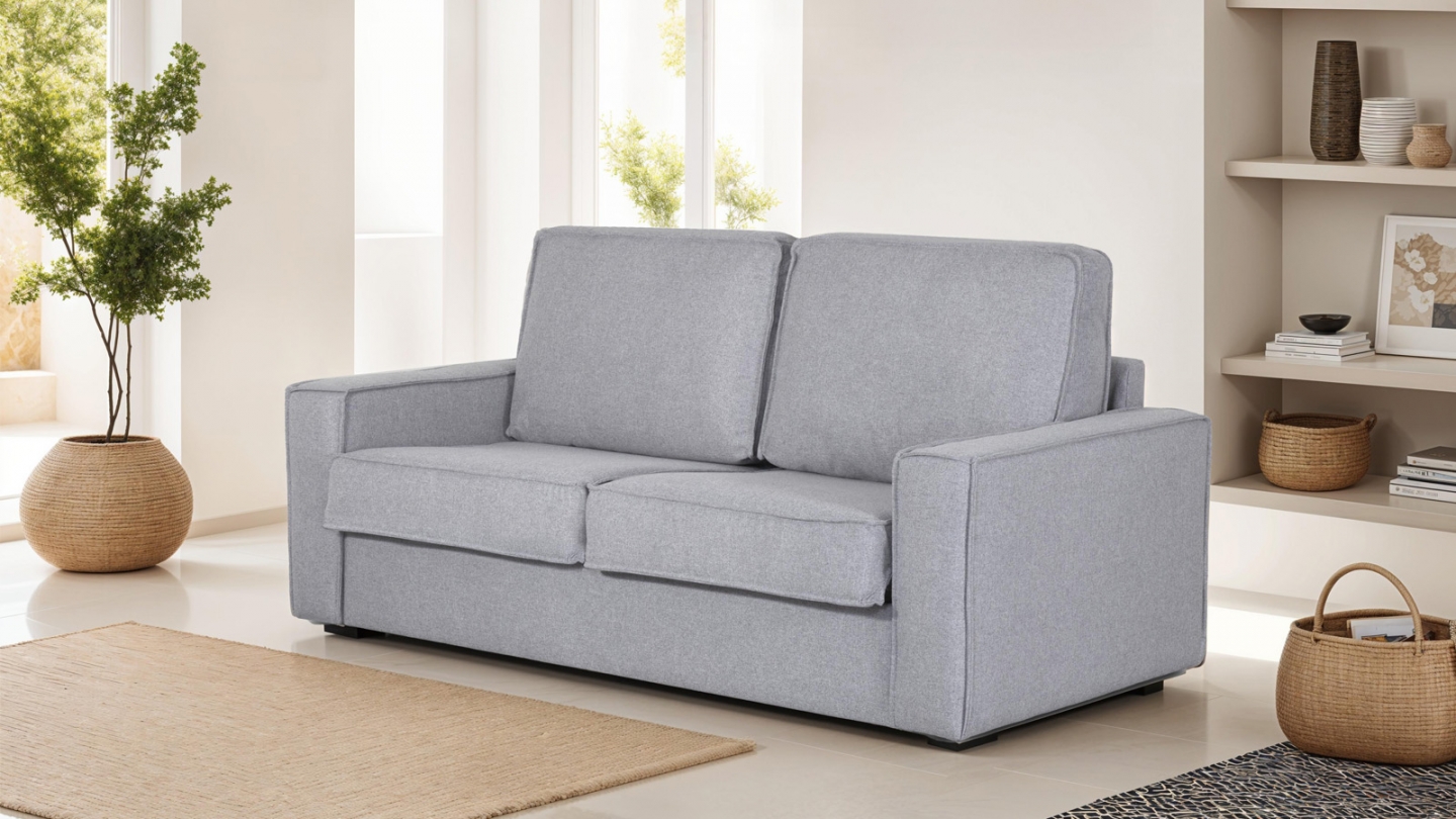  Canapé convertible 3 places en tissu gris chiné - Ouverture express - Couchage quotidien - Matelas HD 140 x 190 - Mattia