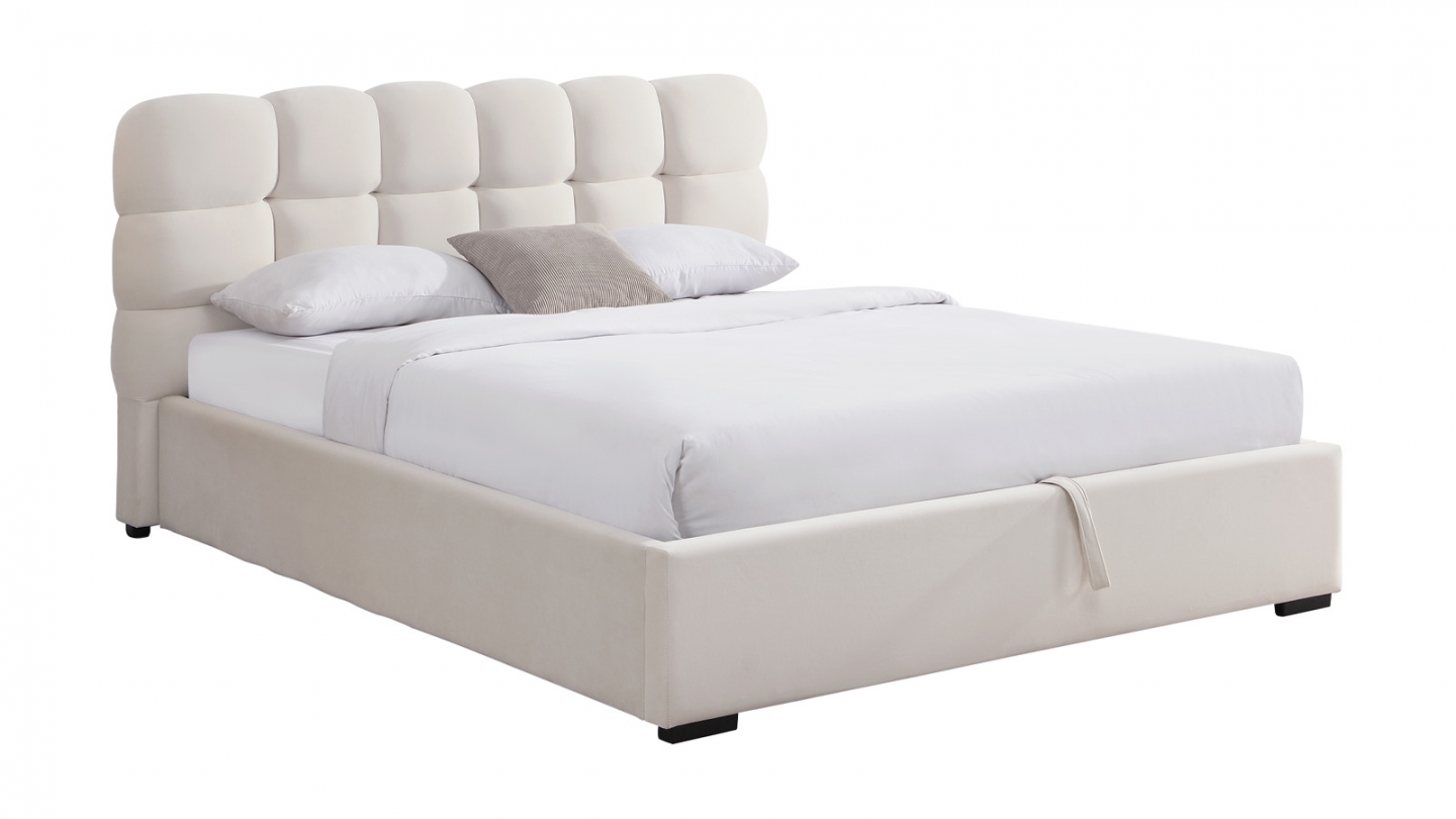 Lit coffre adulte 160x200 cm avec sommier et tête de lit capitonnée en velours beige - Lola