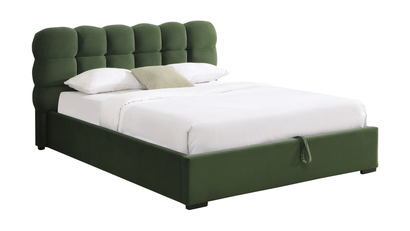 Lit coffre adulte 160x200 cm avec sommier et tête de lit capitonnée en velours vert kaki - Lola