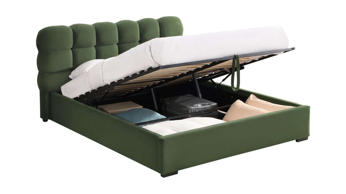 Lit coffre adulte 160x200 cm avec sommier et tête de lit capitonnée en velours vert kaki - Lola