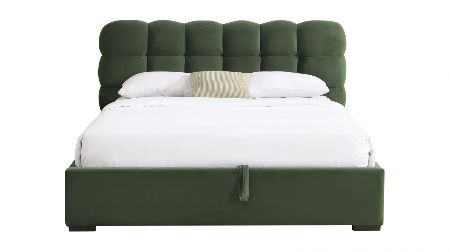 Lit coffre adulte 180x200 cm avec sommier et tête de lit capitonnée en velours vert kaki - Lola