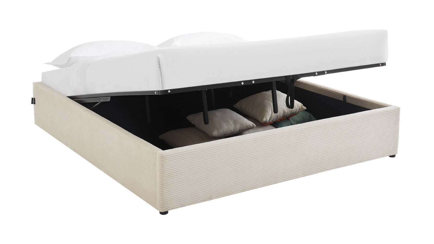 Lit coffre adulte 180x200 cm en velours côtelé beige avec sommier - Handy