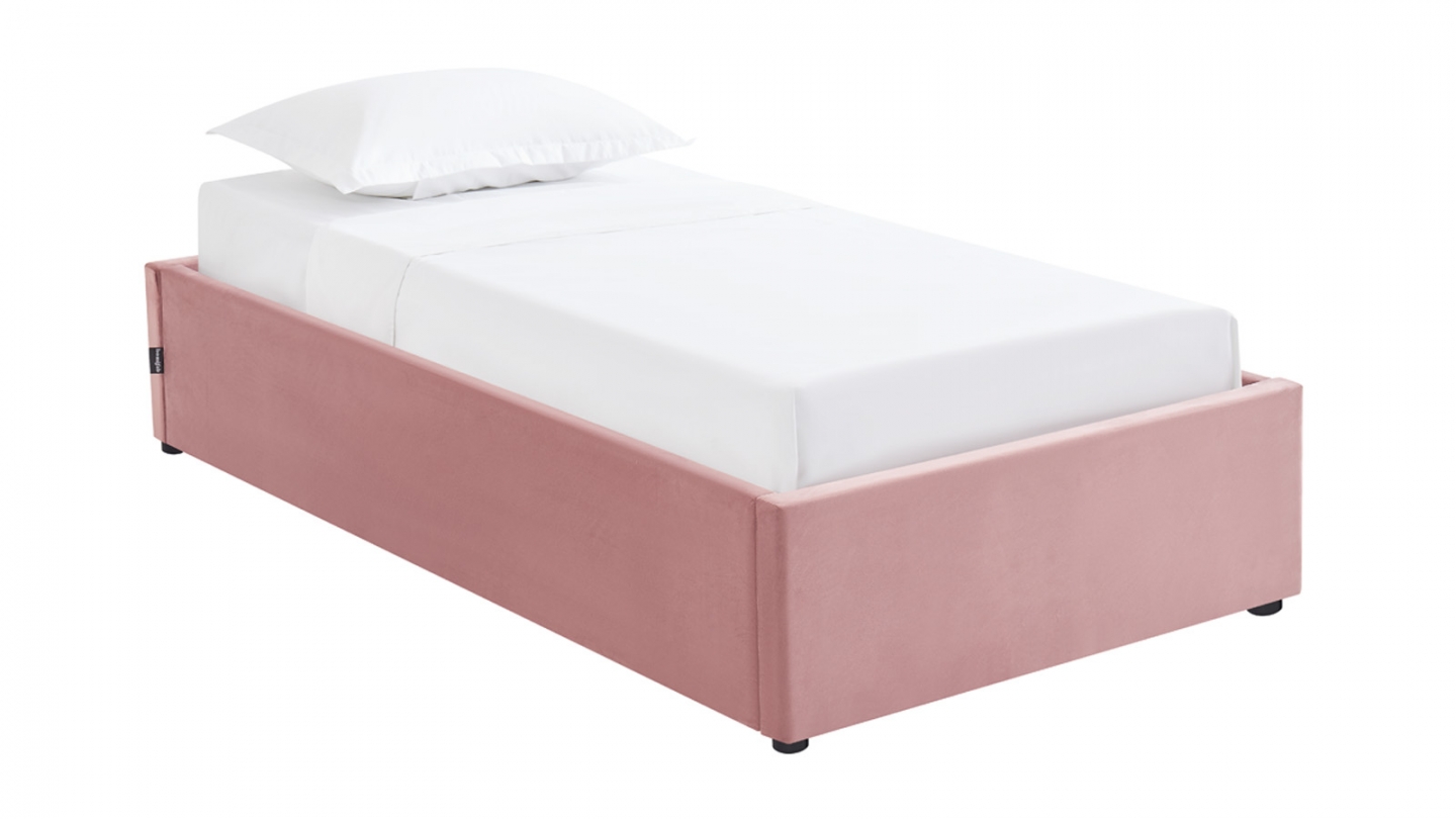 Lit coffre adulte 90x190 cm en velours rose avec sommier - Handy