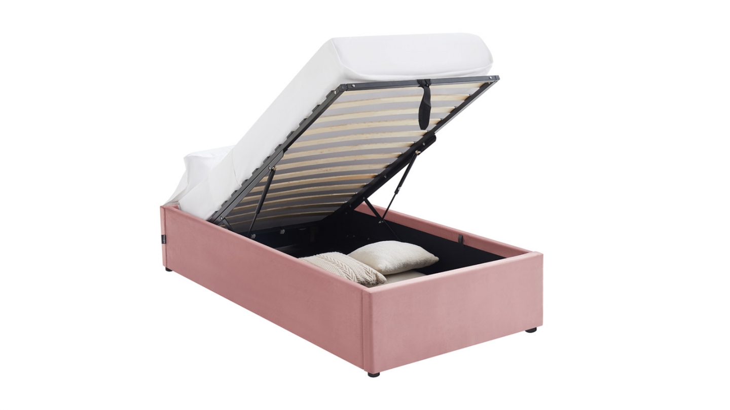 Lit coffre adulte 90x190 cm en velours rose avec sommier - Handy