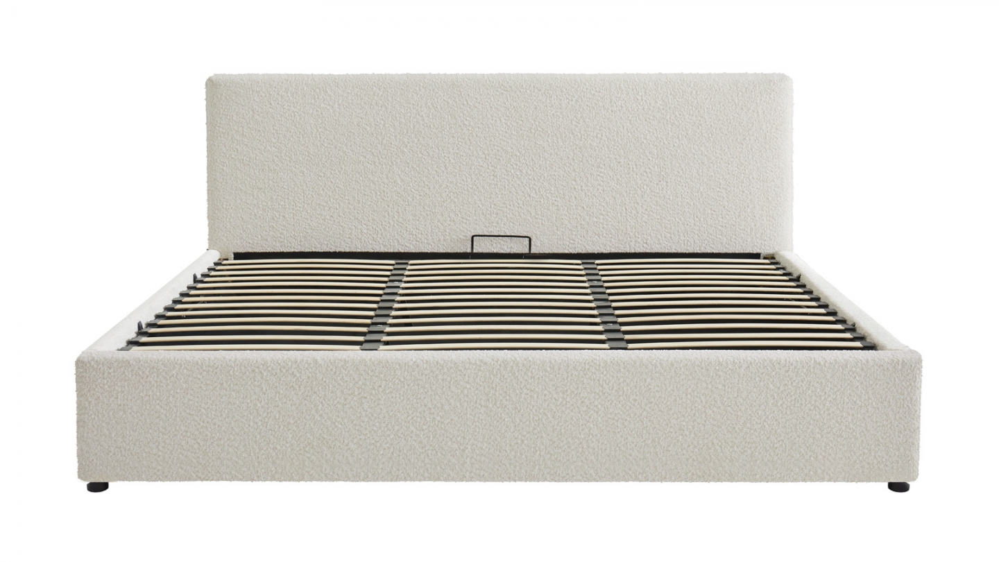 Lit coffre adulte 180x200 cm avec tête de lit capitonnée en tissu bouclé beige et sommier - Tina