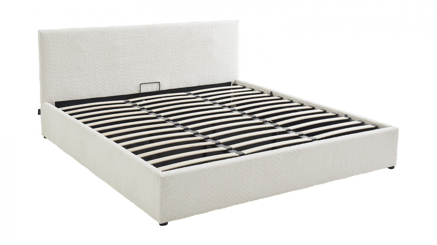 Lit coffre adulte 180x200 cm avec tête de lit capitonnée en tissu bouclé beige et sommier - Tina