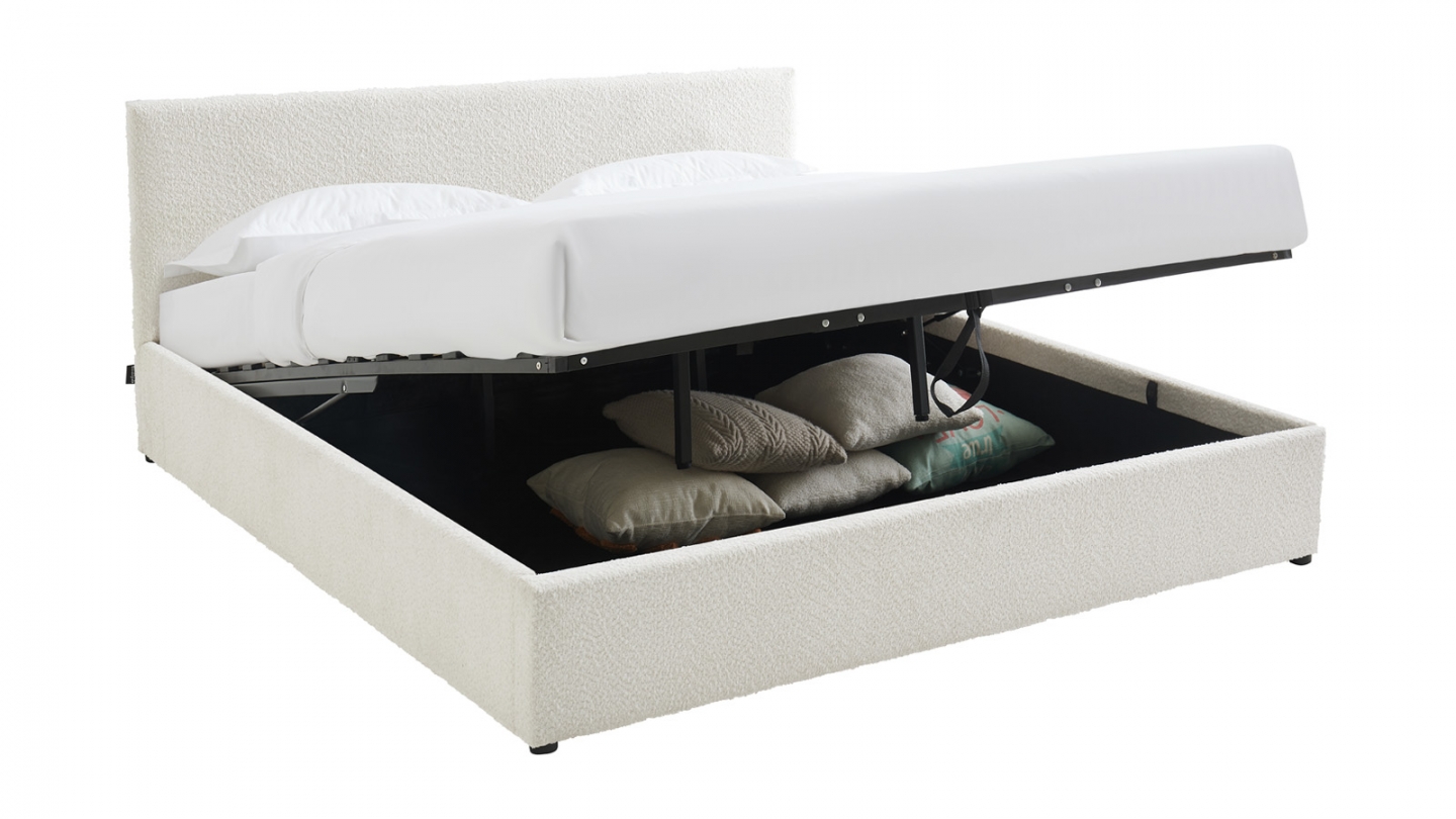 Lit coffre adulte 180x200 cm avec tête de lit capitonnée en tissu bouclé beige et sommier - Tina