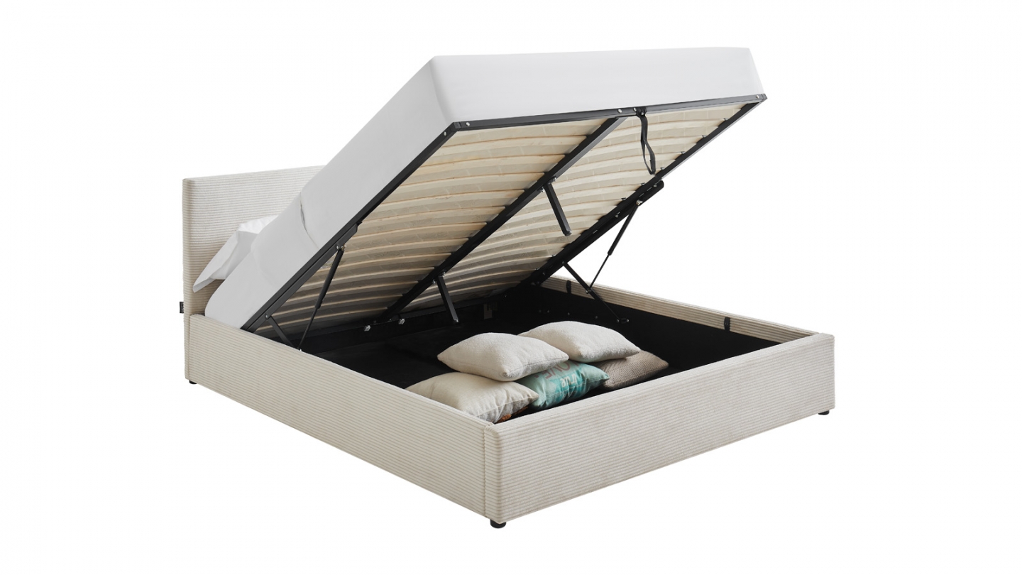 Lit coffre adulte 140x190 cm avec tête de lit capitonnée en velours côtelé beige et sommier - Tina