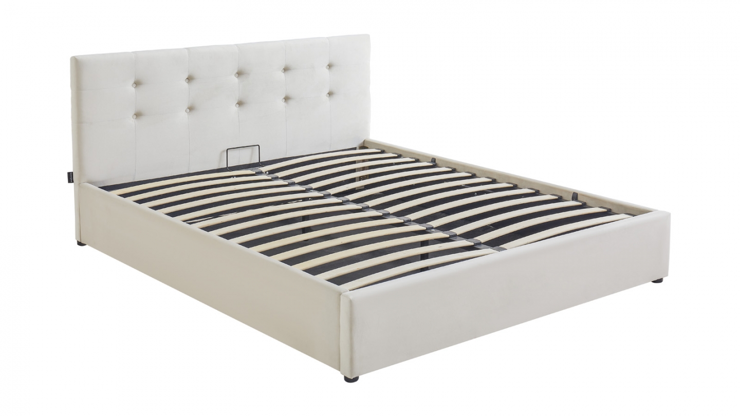 Lit coffre adulte 140x190 cm avec tête de lit capitonnée en velours beige et sommier - Tina