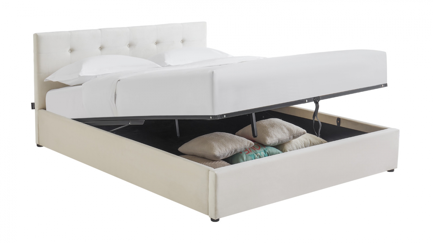 Lit coffre adulte 140x190 cm avec tête de lit capitonnée en velours beige et sommier - Tina