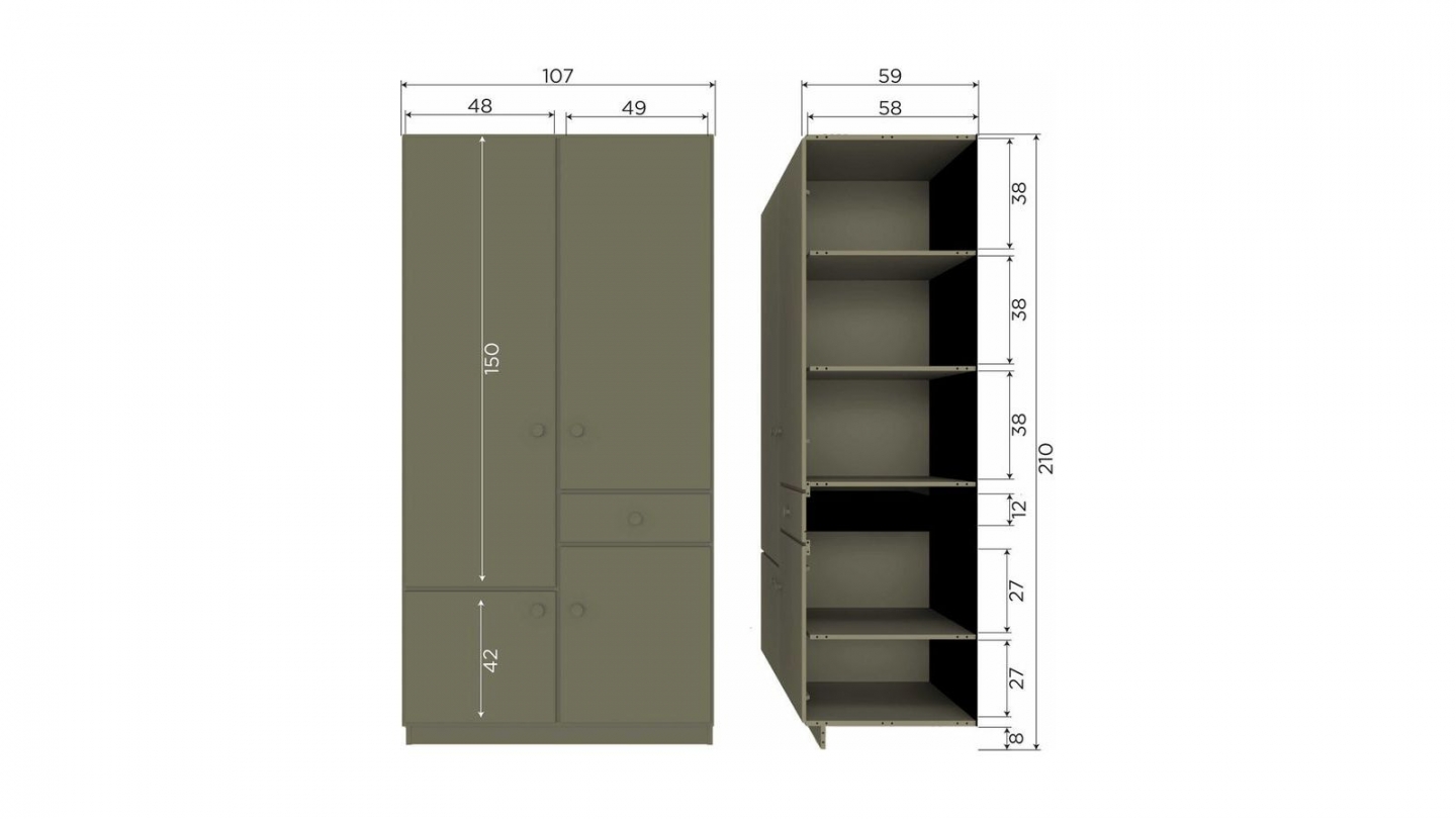 Armoire 4 portes 1 tiroir en bois FSC vert kaki 107 cm - Alfie