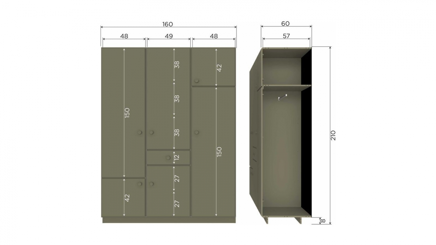 Armoire 5 portes 1 tiroir en bois FSC vert kaki 160 cm - Alfie