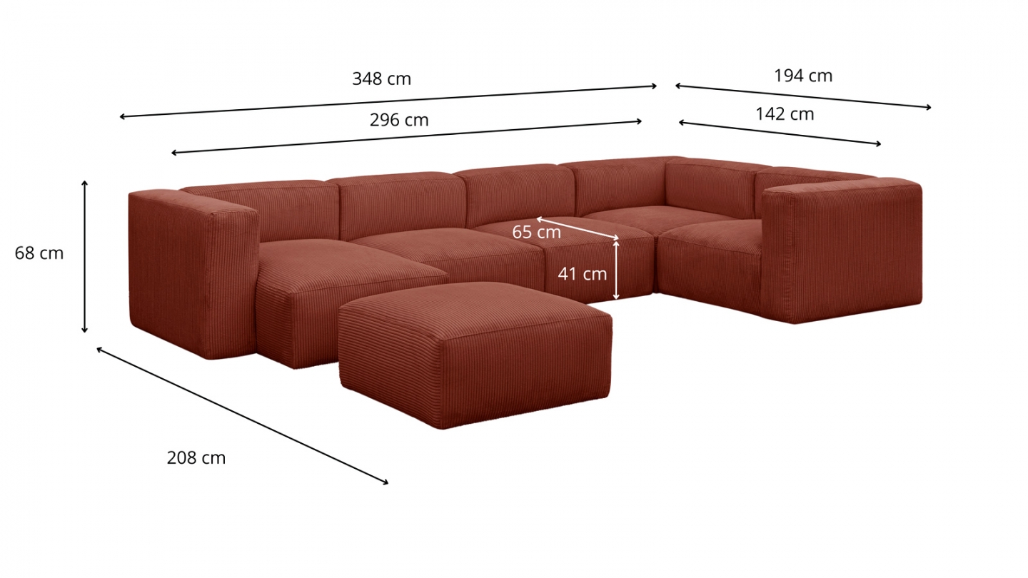 Canapé modulable panoramique 6 places avec méridienne à gauche + pouf en velours côtelé rouille - Modulo New