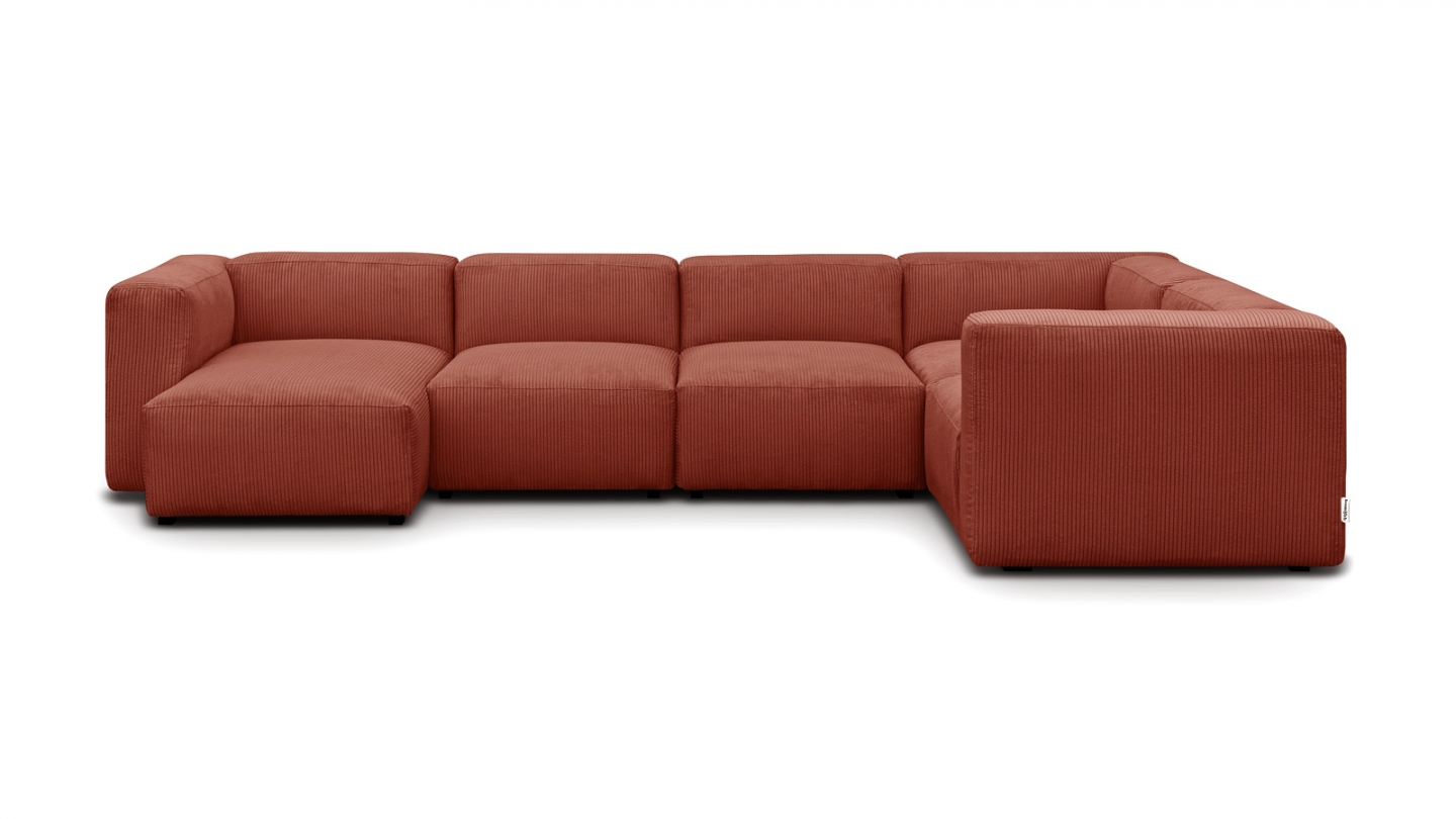 Canapé modulable panoramique 6 places avec méridienne à gauche + pouf en velours côtelé rouille - Modulo New Canapé modulable panoramique 6 places avec méridienne à gauche + pouf en velours côtelé rouille - Modulo New