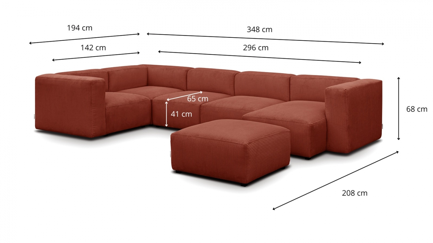 Canapé modulable panoramique 6 places avec méridienne à droite + pouf en velours côtelé rouille - Modulo New