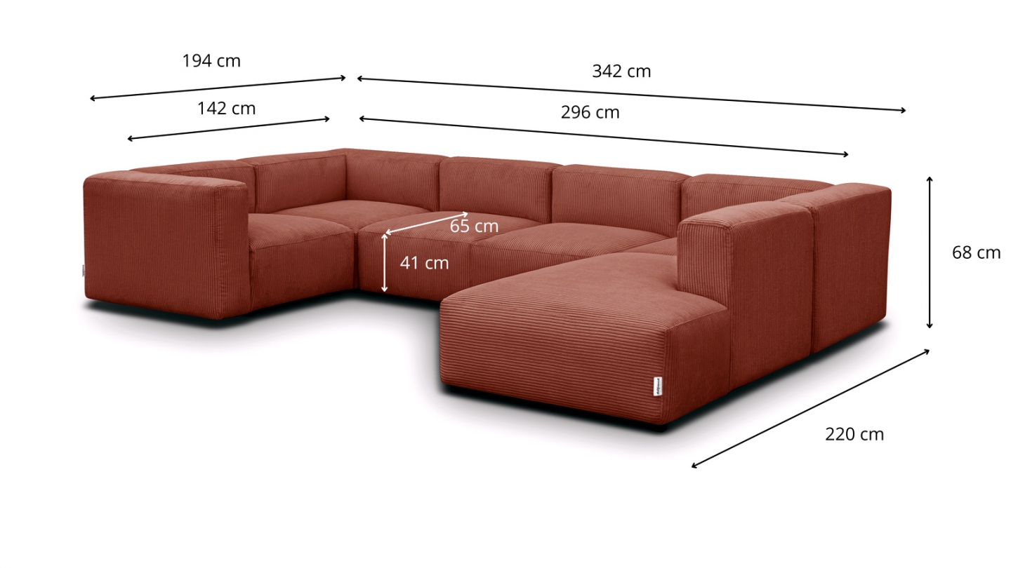 Canapé modulable panoramique 9 places ouvert à droite + pouf en velours côtelé rouille - Modulo New