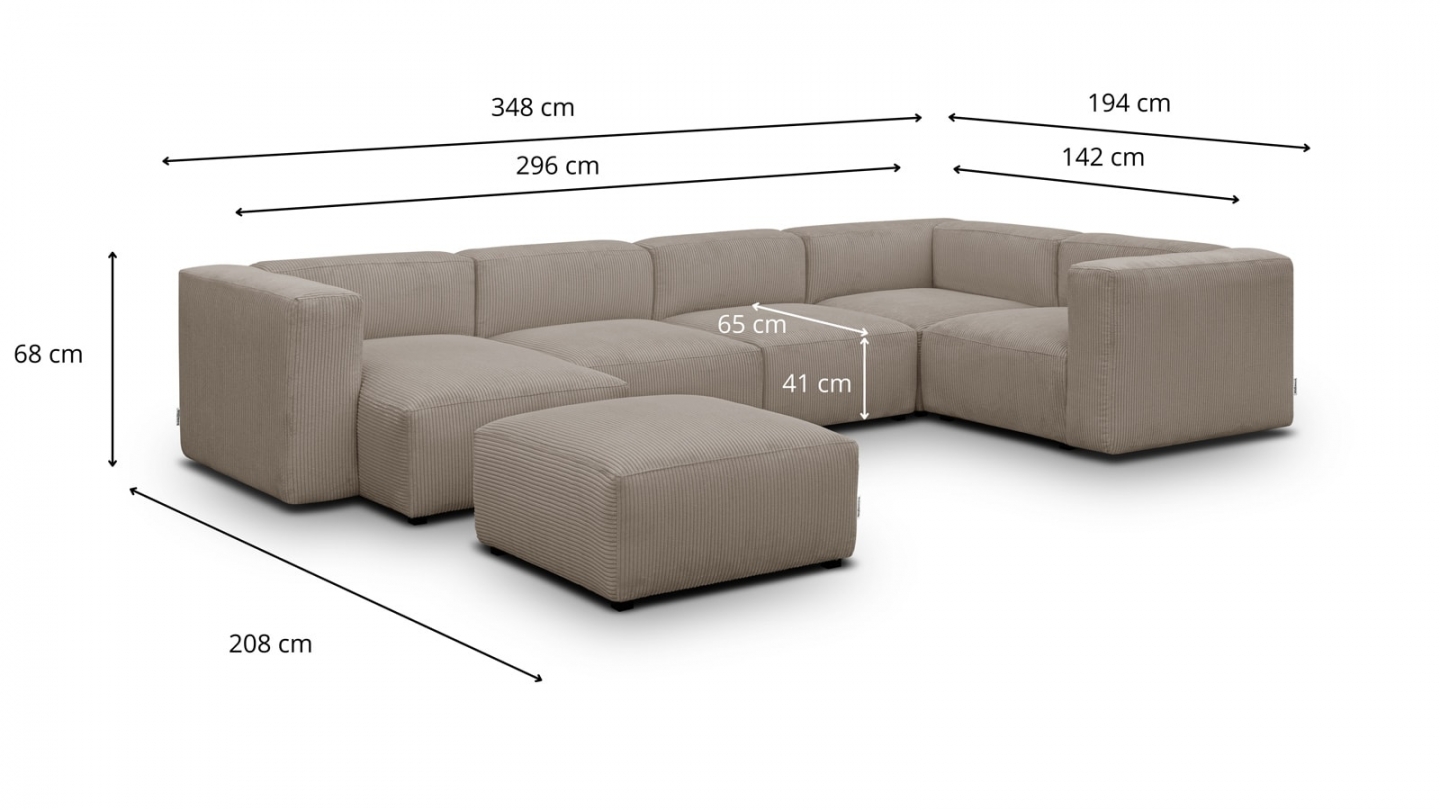 Canapé modulable panoramique 6 places avec méridienne à gauche + pouf en velours côtelé taupe - Modulo New