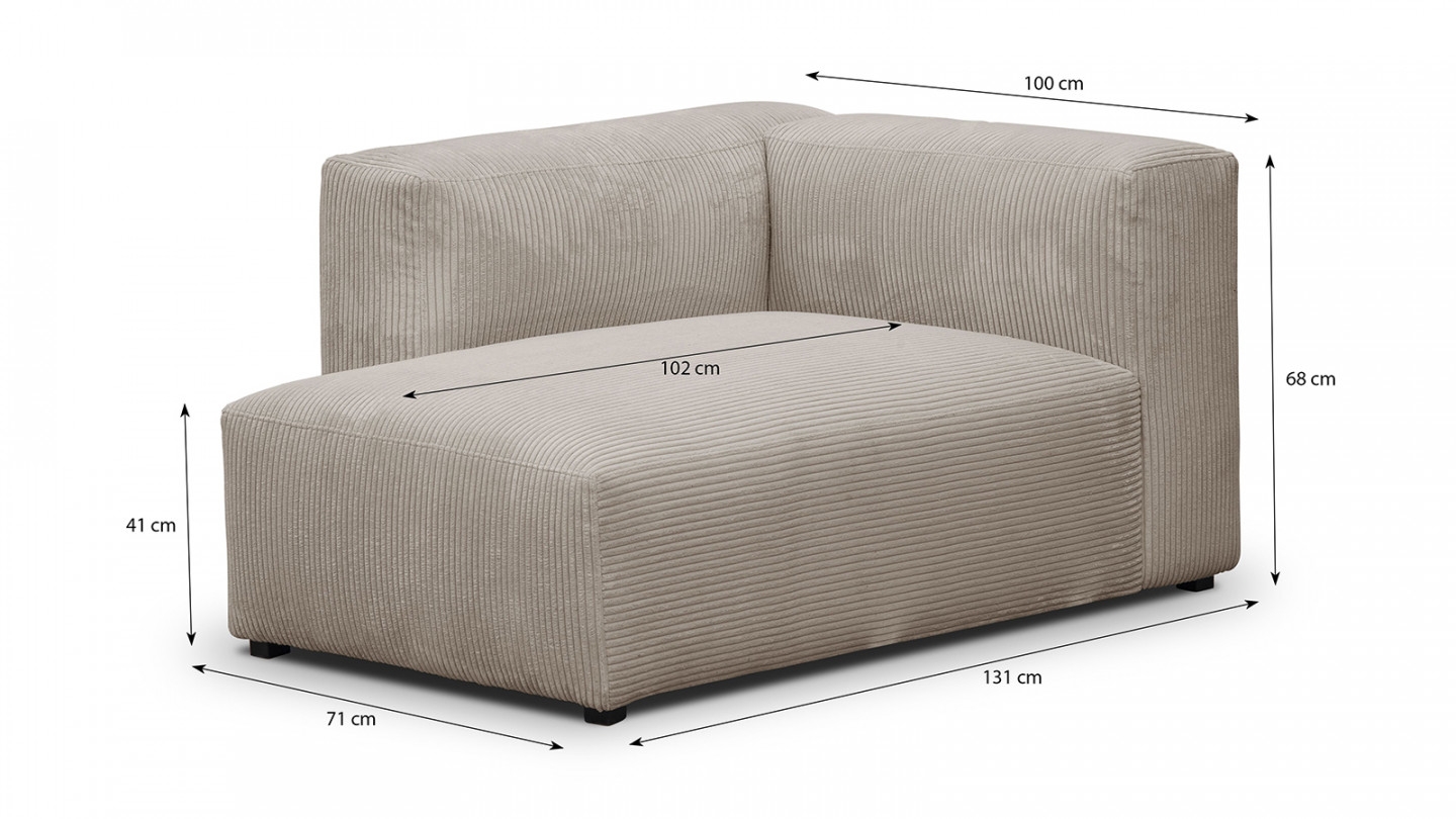 Canapé modulable panoramique 6 places avec méridienne à gauche + pouf en velours côtelé taupe - Modulo New