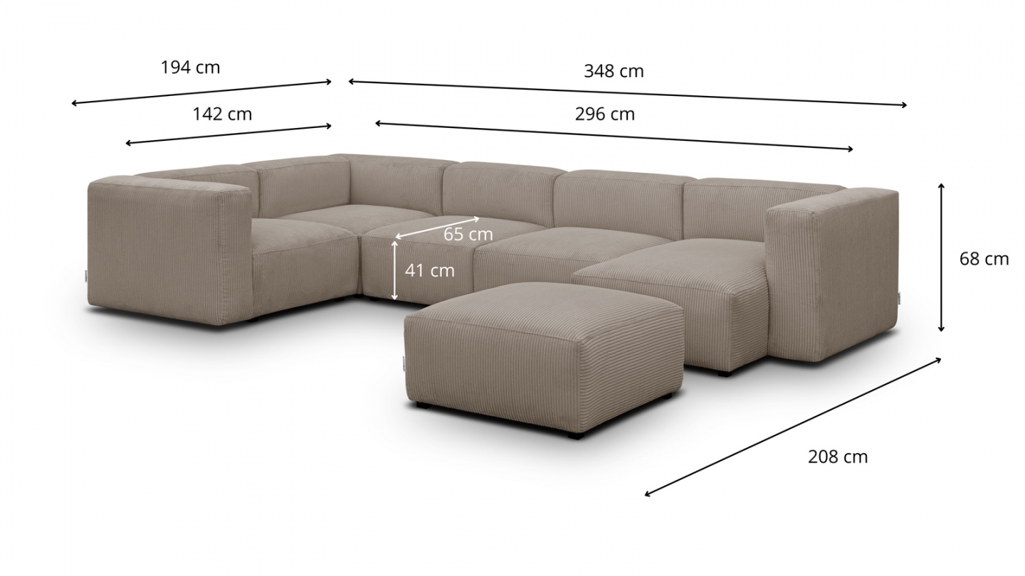 Canapé modulable panoramique 6 places avec méridienne à droite + pouf en velours côtelé taupe - Modulo New