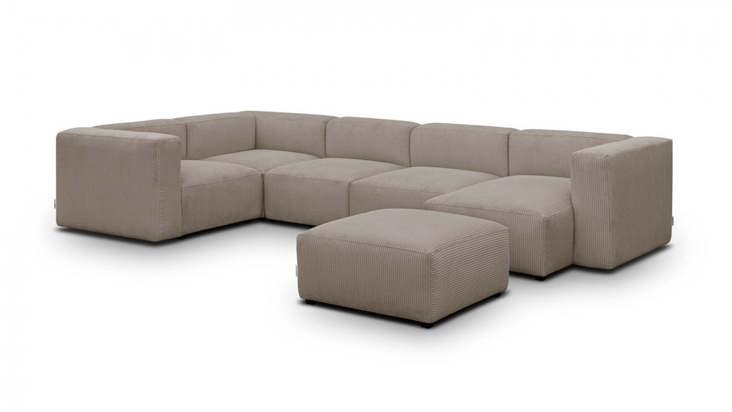 Canapé modulable panoramique 6 places avec méridienne à droite + pouf en velours côtelé taupe - Modulo New Canapé modulable panoramique 6 places avec méridienne à droite + pouf en velours côtelé taupe - Modulo New