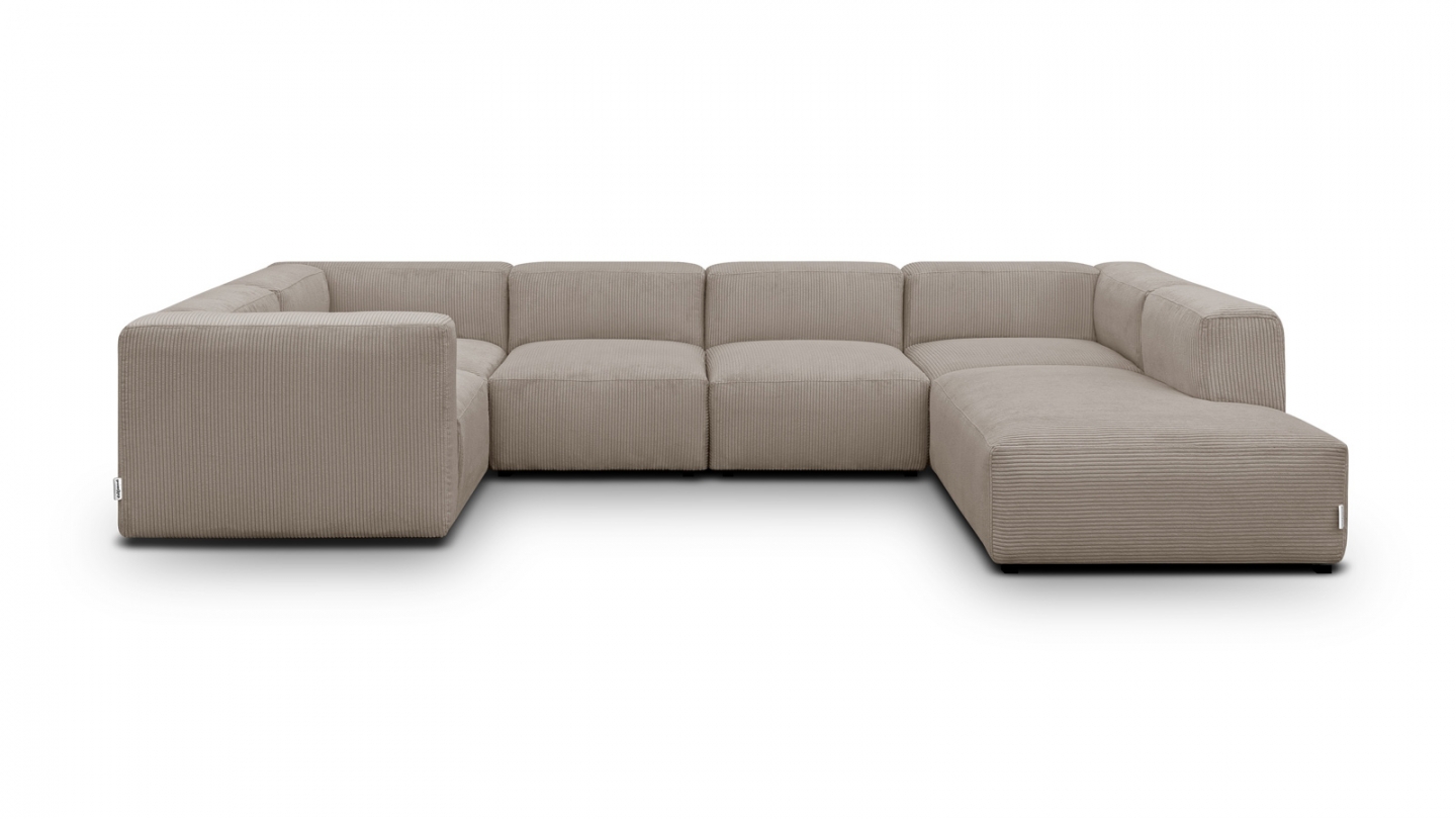 Canapé modulable panoramique 9 places ouvert à droite + pouf en velours côtelé taupe - Modulo New Canapé modulable panoramique 9 places ouvert à droite + pouf en velours côtelé taupe - Modulo New