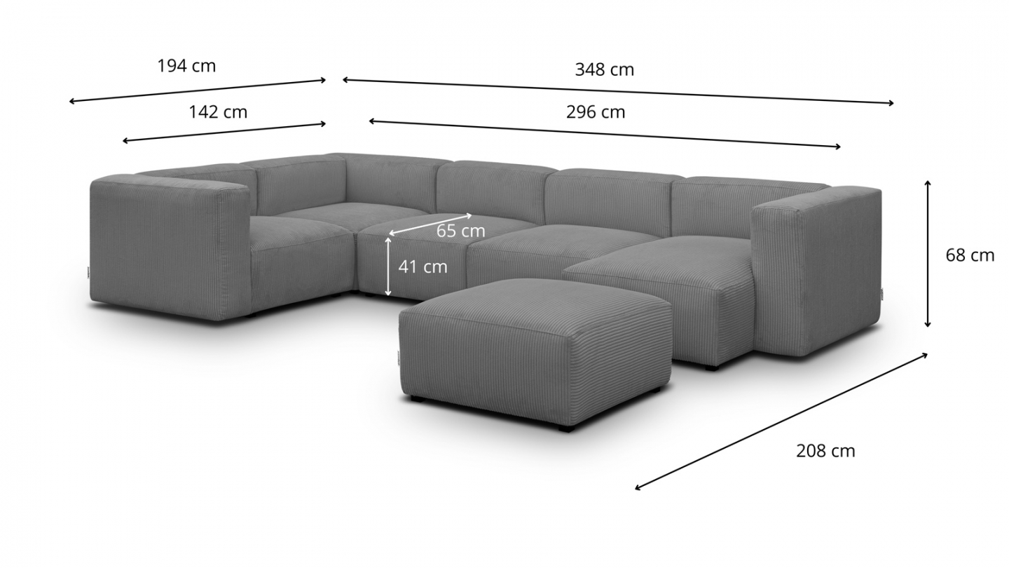 Canapé modulable panoramique 6 places avec méridienne à droite + pouf en velours côtelé gris clair - Modulo New