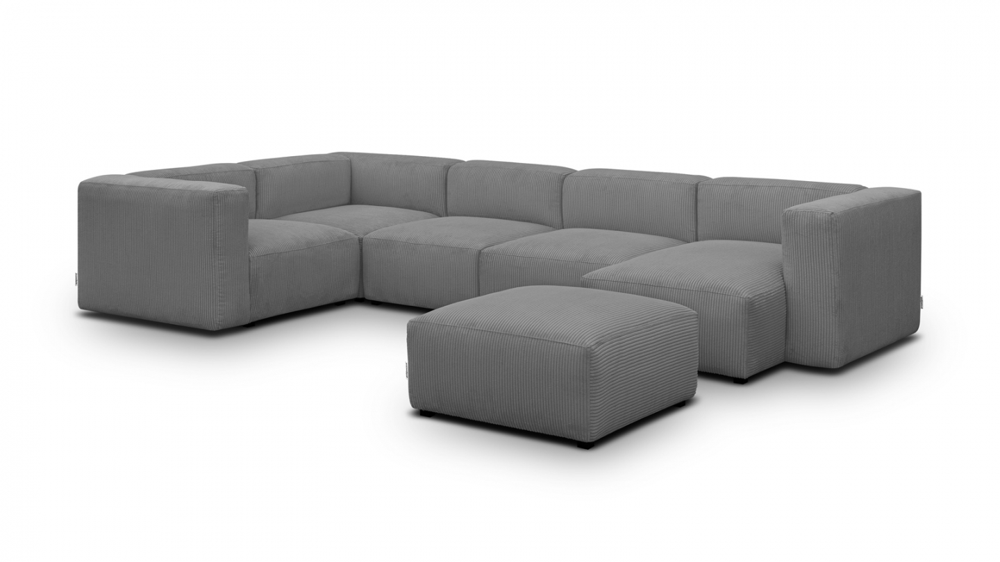 Canapé modulable panoramique 6 places avec méridienne à droite + pouf en velours côtelé gris clair - Modulo New